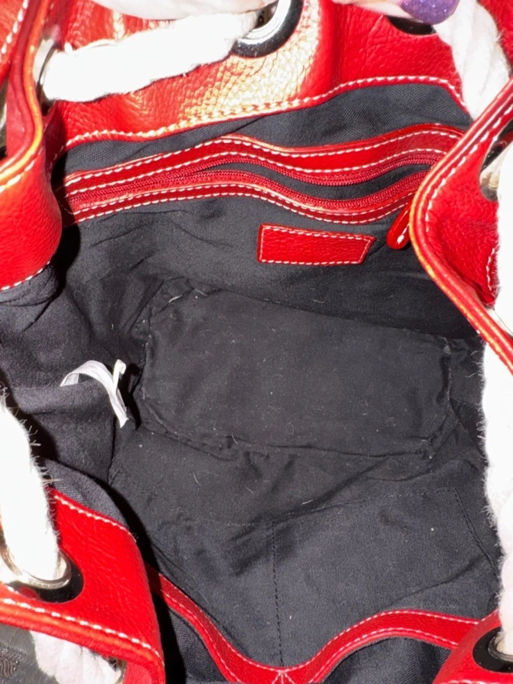 Tignanello Red Leather Drawstring Hobo with Rope Trim